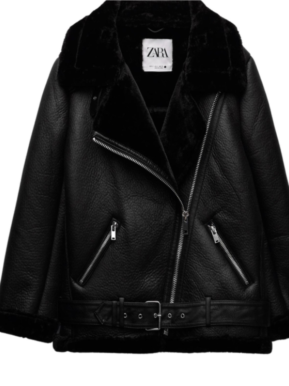 ZARA Black Faux Leather Biker Jacket with Shearling Trim